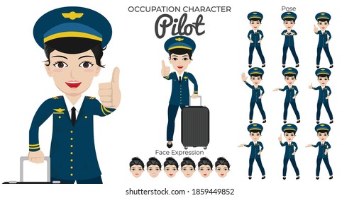 Female Pilot Character Set with Variety of Pose and Face Expression