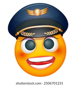 Female pilot emoji on white background. Emoticon with captain's cap. Cute emoticon