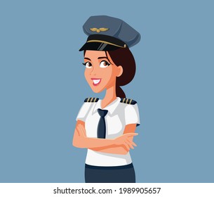 Female Pilot Standing with Arms Crossed Vector Illustration. Smiling confident airplane commander office in male dominated profession
