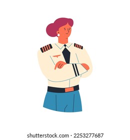 Female pilot in uniform, flat vector illustration isolated on white background. Woman working as pilot on the plane. Concepts of jobs and occupations.