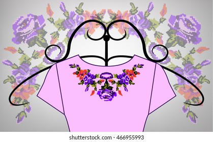 Female pink dress on hanger. Collar. Color bouquet of wildflowers (lilia, roses). Embroidery. Pixel art.  