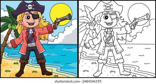 Female Pirate Coloring Page Colored Illustration