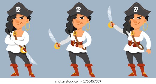 Female pirate in different poses. Character in cartoon style.