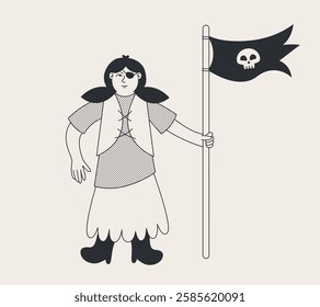 Female pirate holding flag. Character in doodle style.