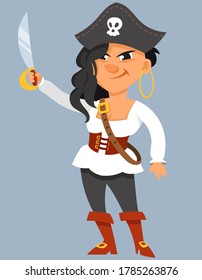 Female pirate holding saber. Funny character in cartoon style.
