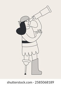 Female pirate looking through spyglass. Character in doodle style.