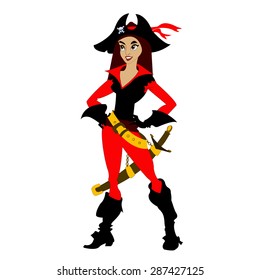 female pirate with a sword isolated on white background