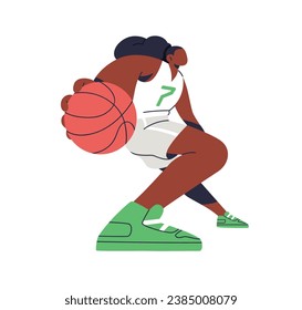 Jugadora con baloncesto en manos. Atleta negra jugando al deporte. Deportista profesional de uniforme, movimiento, acción. Ilustración vectorial plana aislada en fondo blanco