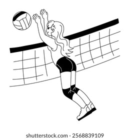 A female player hit volleyball illustration in hand drawn style 

