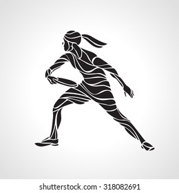 Female Player Is Playing Ultimate Frisbee. Black Silhouette Of Flying Disc Player. Vector Lineart Illustration