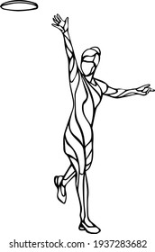 Female player is throwing flying disc. Outline silhouette of disc golf player. Vector lineart illustration