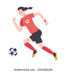 Female player in uniform playing football flat isolated vector illustration