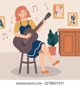 Weibliche Gitarre spielen beim singen von Illustrationen. Abstrakte Gemälde, dekorative Pflanzen und Schränke im Hintergrund.