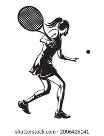 Female Playing Lawn Tennis, Isolated Shadowed Illustration