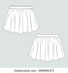 Female pleated skirt technical fashion  Flat sketch vector template Front and back view  isolated on a grey background. Clothing Design Mock up CAD Illustration.