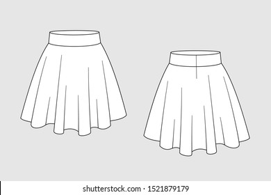 Female pleated skirt vector template isolated on a grey background. Front and back view. Outline fashion technical sketch of clothes model.