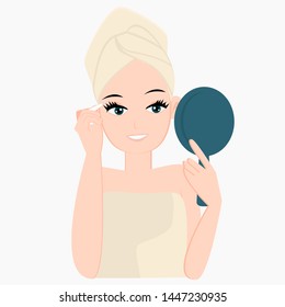 Female plucking eyebrows. Make up concept. Vector illustration.