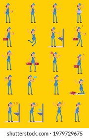 female plumber character set 20 poses vector format