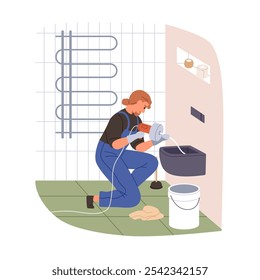 Female plumber cleaning clogged toilet. Professional woman worker, master fixing bathroom, closet drain, latrine pot. Plumbing work service. Flat vector illustration isolated on white background