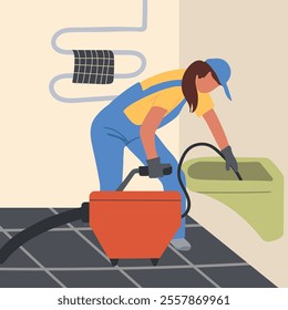 Female plumber cleaning clogged toilet. Woman worker, master fixing bathroom. Plumbing work service. Hand drawn  vector illustration 