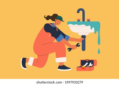 Female plumber fixing bathroom sink. Flat style illustration of plumber woman in workwear fixing sink tube pipe in bathroom over orange background. Concept of woman at work