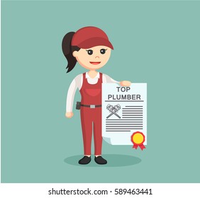 female plumber holding top plumber certificate