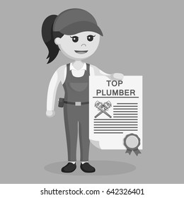 female plumber holding top plumber certificate black and white style