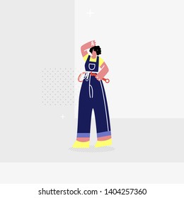 Female Plumber, Mechanic Flat Vector Illustration. Woman in Overalls with Tool Belt Cartoon Character. Technician Occupation, Utilities Service Worker Holding Spanner, Wrench. Professional Repair Aid