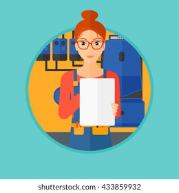 A female plumber in overalls making some notes in her clipboard. Plumber inspecting heating system in boiler room. Vector flat design illustration in the circle isolated on background.