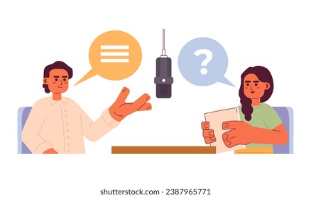 Female podcast host interviewing guest man 2D cartoon characters. Questions asking podcasters indian isolated vector people white background. Radio show on air color flat spot illustration