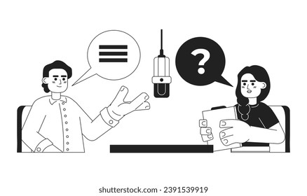 Female podcast host interviewing guest man black and white 2D cartoon characters. Questions asking podcasters indian isolated vector outline people. Radio show monochromatic flat spot illustration