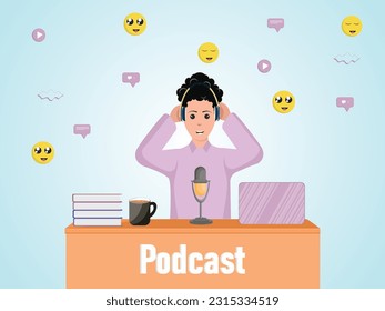 Female Podcast Host Organizing Digital Show Wearing Headphone and Emoji Icons Displayed in the Background Illustration 