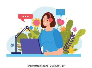 Female podcaster with headphones microphone laptop recording podcast on background with flowers flat vector illustration