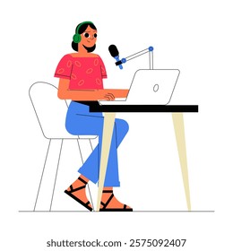 Female Podcaster With Laptop In Flat Vector Illustration Symbolizing Podcasting, Digital Content Creation, And Creativity, Isolated On White Background.