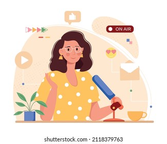 Female podcaster talking to microphone recording podcast. Woman talking at live stream. Online show or joyful radio host interview, media broadcasting. Concept vector illustration in flat style