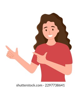 Female pointing finger indicating new commercial promotion advertisement in flat design on white background.