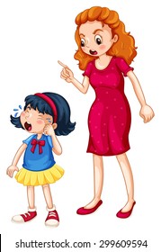 Female pointing finger while scolding a weeping girl on white background