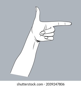 Female pointing hand. Linear black and white stylized drawing. Vector illustration