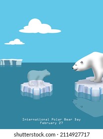 Female polar bear standing on a shrinking iceberg remembering her lost cub, International polar bear day february 27