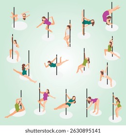 Feminino pole dance performers em várias posições ícones isométricos conjunto isolado vetor ilustração abdominais flexível ícone de treino biquíni alongamento posição