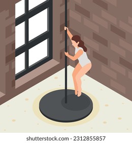 Female pole dancer training in dancing studio isometric background vector illustration
