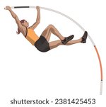 female pole vaulter, vaulting in mid air isolated on a white background