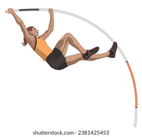 female pole vaulter, vaulting in mid air isolated on a white background