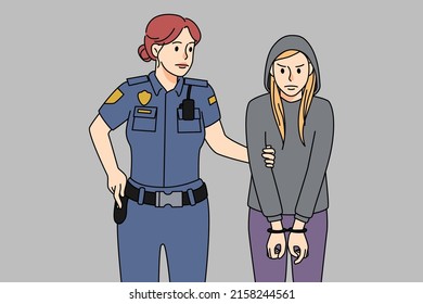 Female police officer arrest naughty teen girl criminal behaving bad. Policeman put handcuffs on teenage thief or crime suspect. Juvenile and underage crime concept. Vector illustration. 