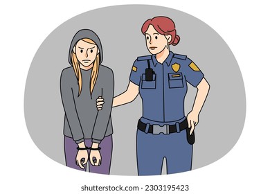 Female police officer arrest naughty teen girl criminal behaving bad. Policeman put handcuffs on teenage thief or crime suspect. Juvenile and underage crime concept. Vector illustration.