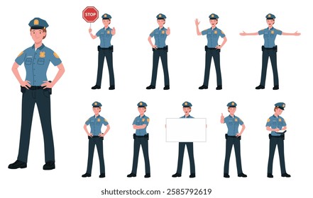 Female Police Officer Cartoon Vector Illustration Poses. Young White Police Woman Cop In Blue Uniform. Standing, Holding Signboard, Stop Sign, Ticket, White Isolated