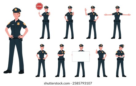 Female Police Officer Cartoon Vector Illustration Poses. Young White Police Woman Cop In Dark Blue Uniform. Standing, Holding Signboard, Stop Sign, Ticket, White Isolated