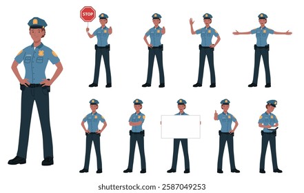 Female Police Officer Cartoon Vector Illustration Poses. Young Black Police Woman Cop In Blue Uniform. Standing, Holding Signboard, Stop Sign, Ticket, White Isolated