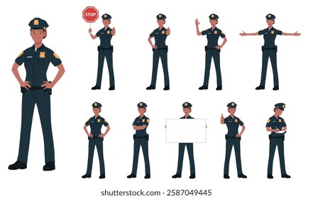 Female Police Officer Cartoon Vector Illustration Poses. Young Black Police Woman Cop In Dark Blue Uniform. Standing, Holding Signboard, Stop Sign, Ticket, White Isolated