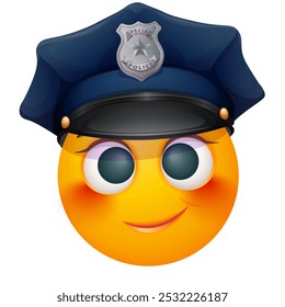 Emoji policial feminino sobre fundo branco. Emoticon com chapéu policial. Emoticon bonito.